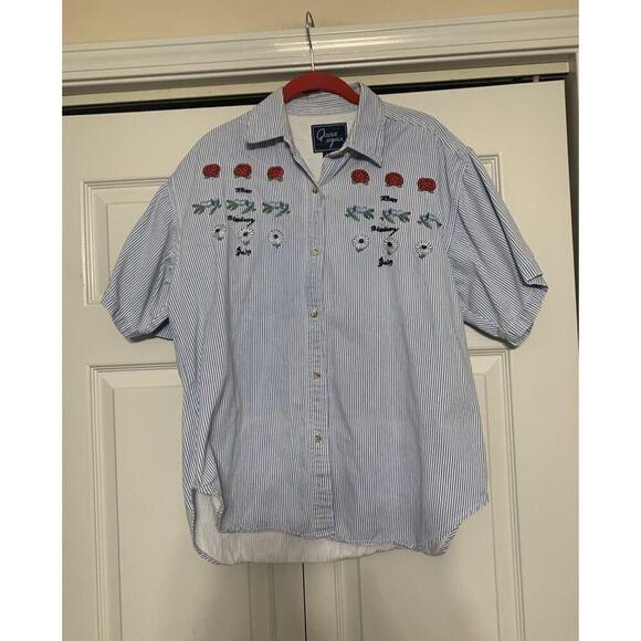 Vintage Quizz Again Denim Floral Embroidered Cottagecore Grannycore Button Up L - Picture 1 of 7
